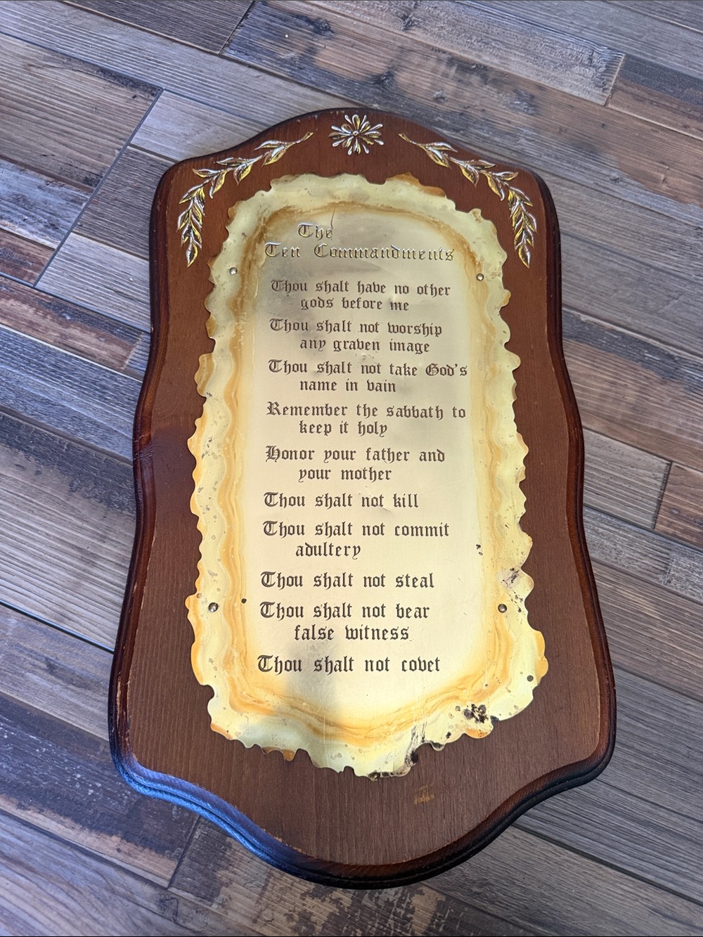 Vintage Ten Commandments Wall Plaque Brass & Wood Religious Wall Decor MCM